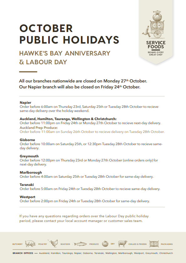 Holiday Hours - Hawke's Bay Anniversary & Labour Day 